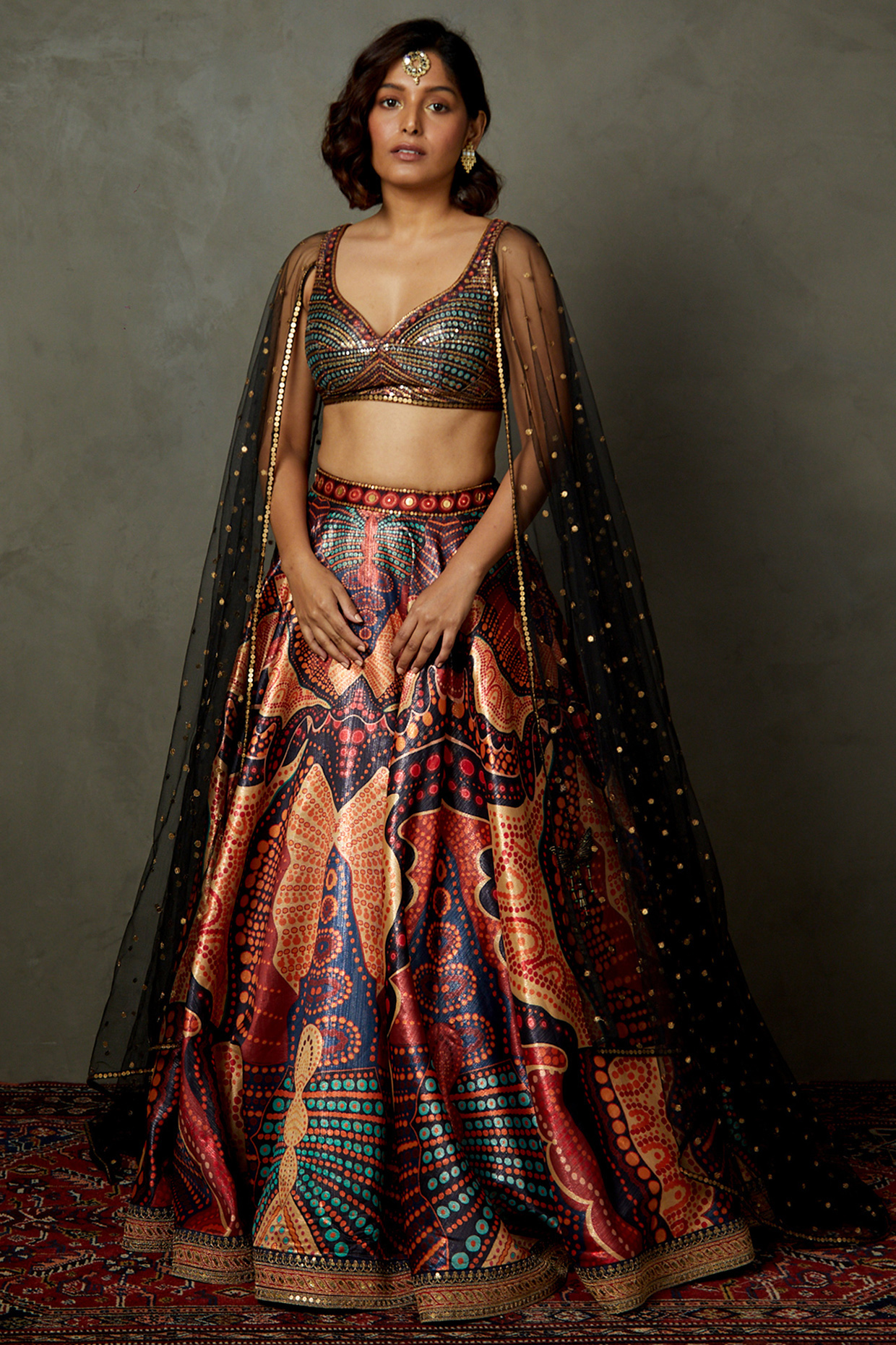 Multi-Colored Poly Lurex Printed & Embroidered  dulhan bday 22 may Lehenga Set by Ri Ritu Kumar at Pernia's Pop Up Shop