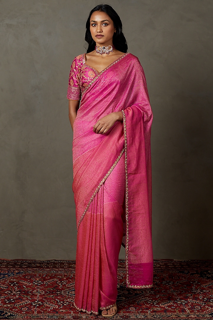 Fuchsia Silk Printed & Embroidered Bridal Saree Set by Ri Ritu Kumar at Pernia's Pop Up Shop