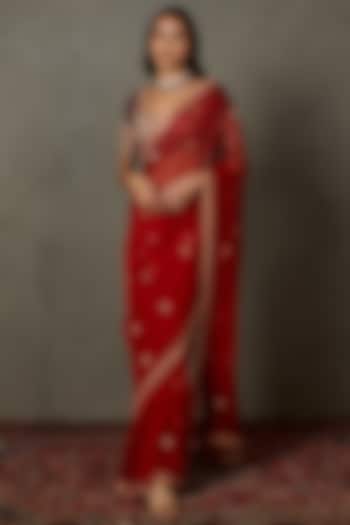 Red Silk Printed & Embroidered Reception Saree Set by Ri Ritu Kumar at Pernia's Pop Up Shop