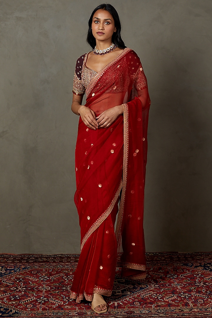Red Silk Printed & Embroidered Reception Saree Set by Ri Ritu Kumar at Pernia's Pop Up Shop