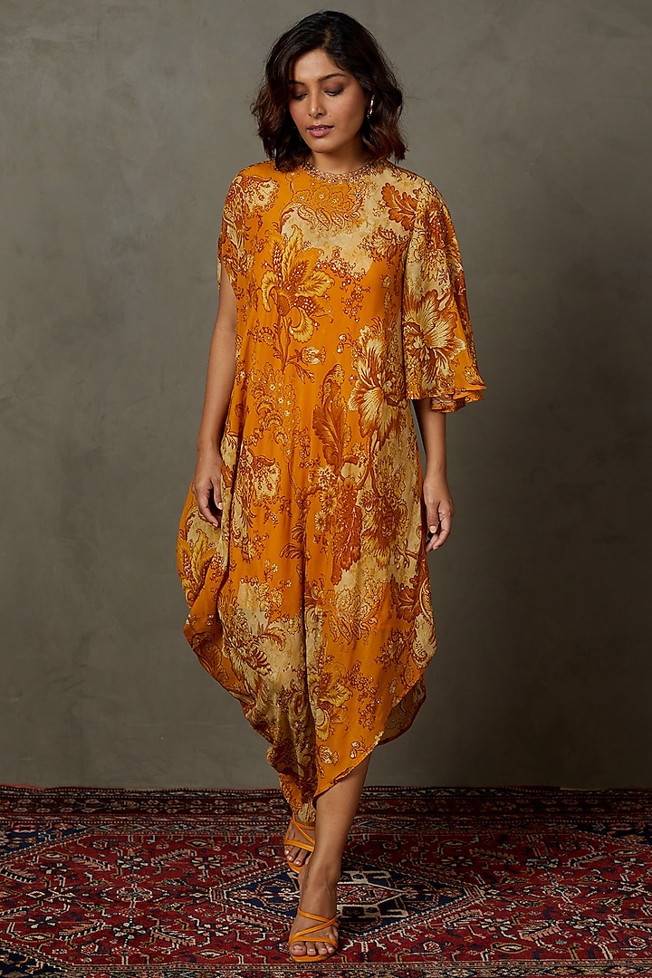 Yellow Ochre Rayon Crepe Printed Dress by Ri Ritu Kumar at Pernia's Pop Up Shop