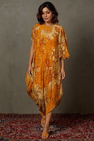 Yellow Ochre Rayon Crepe Printed Dress by Ri Ritu Kumar
