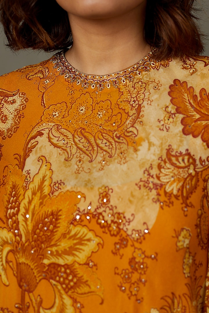 Yellow Ochre Rayon Crepe Printed Vacation Dress by Ri Ritu Kumar at Pernia's Pop Up Shop