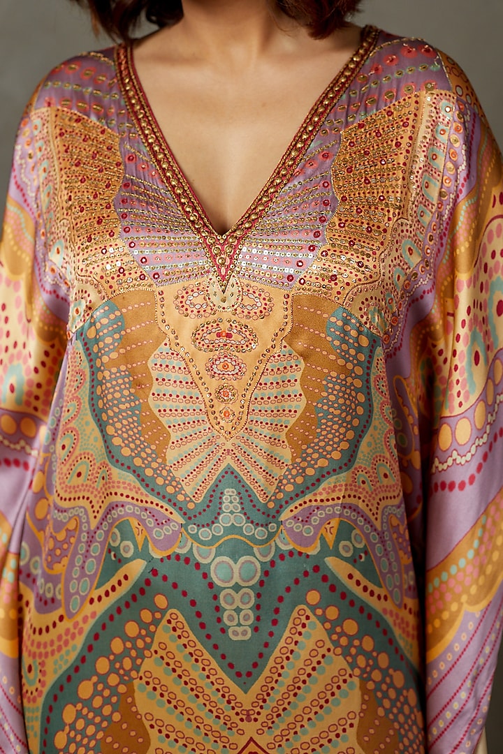 Mauve Silk Satin Printed Embroidered Kaftan by Ri Ritu Kumar at