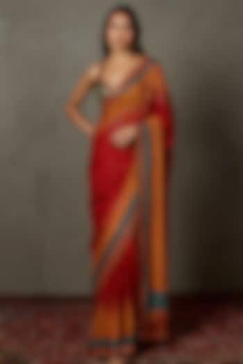 Berry Red Viscose Chinon Printed & Embroidered Wedding Saree Set by Ri Ritu Kumar at Pernia's Pop Up Shop