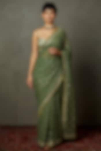 Khaki Shimmer Georgette Printed & Embroidered Bridal Saree Set by Ri Ritu Kumar at Pernia's Pop Up Shop