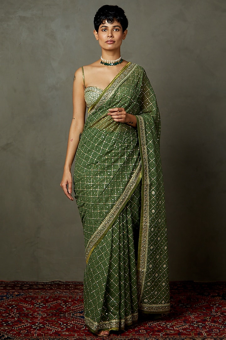 Khaki Shimmer Georgette Printed & Embroidered Bridal Saree Set by Ri Ritu Kumar at Pernia's Pop Up Shop