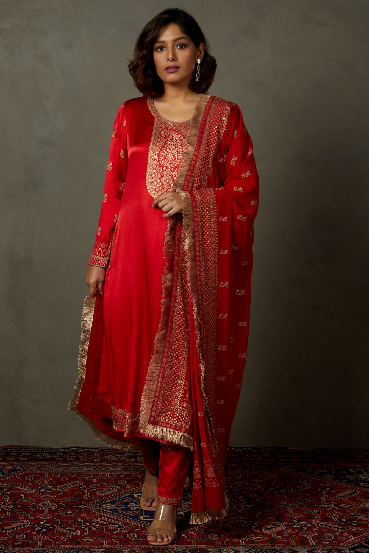 Red Silk Satin Printed & Embroidered Kurta Set by Ri Ritu Kumar at ...