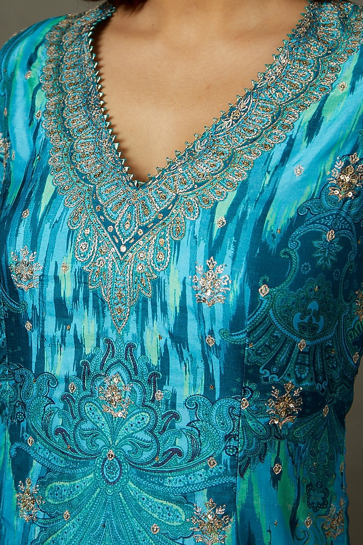 Aqua Blue Silk Flat Dupion Printed & Embroidered Kurta Set by Ri Ritu Kumar at Pernia's Pop Up Shop