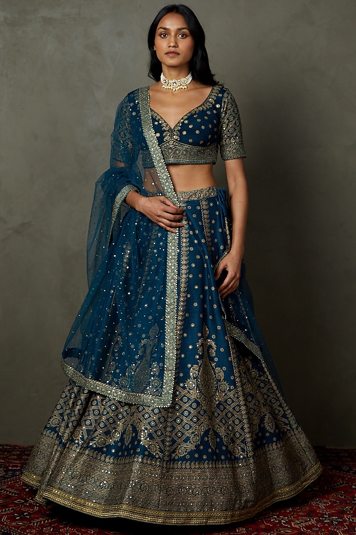 Midnight Blue Silk Dupion Printed & Embroidered Bridal lehenga for 22 Lehenga Set by Ri Ritu Kumar at Pernia's Pop Up Shop