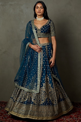 Midnight Blue Silk Dupion Printed & Embroidered Wedding Lehenga Set by ...