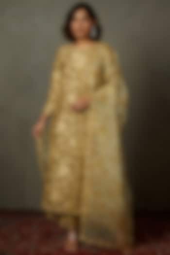 Beige Flat Dupion Printed & Embroidered Kurta Set by Ri Ritu Kumar at Pernia's Pop Up Shop
