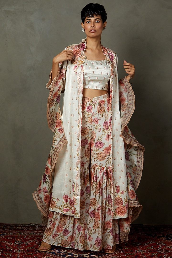 Off-White Mashru Printed & Embroidered Jacket Set by Ri Ritu Kumar at Pernia's Pop Up Shop
