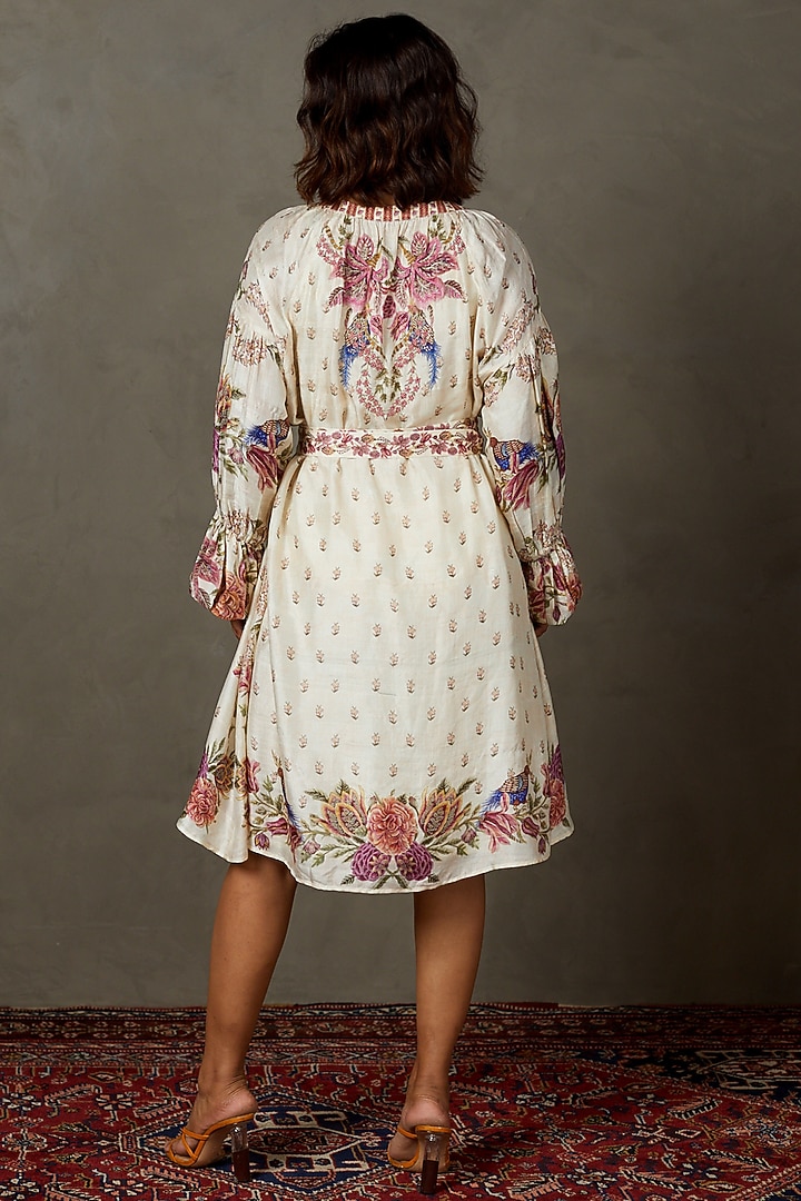 Off-White Silk Printed & Embroidered Knee-Length Cocktail Dress by Ri Ritu Kumar at Pernia's Pop Up Shop