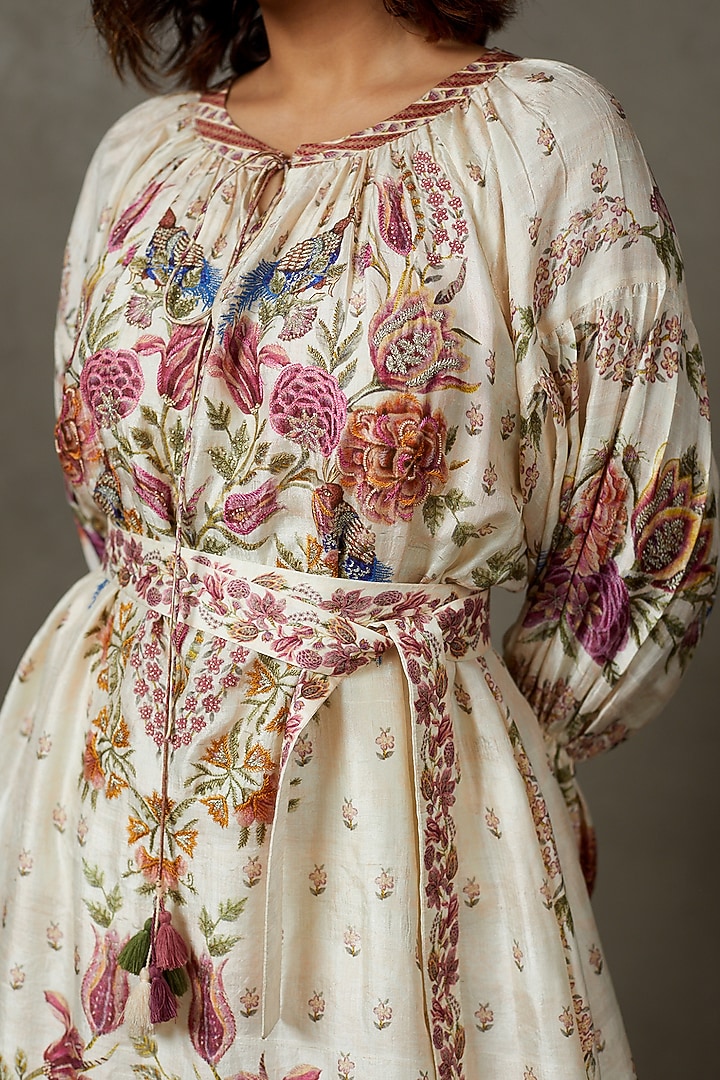 Off-White Silk Printed & Embroidered Knee-Length Cocktail Dress by Ri Ritu Kumar at Pernia's Pop Up Shop