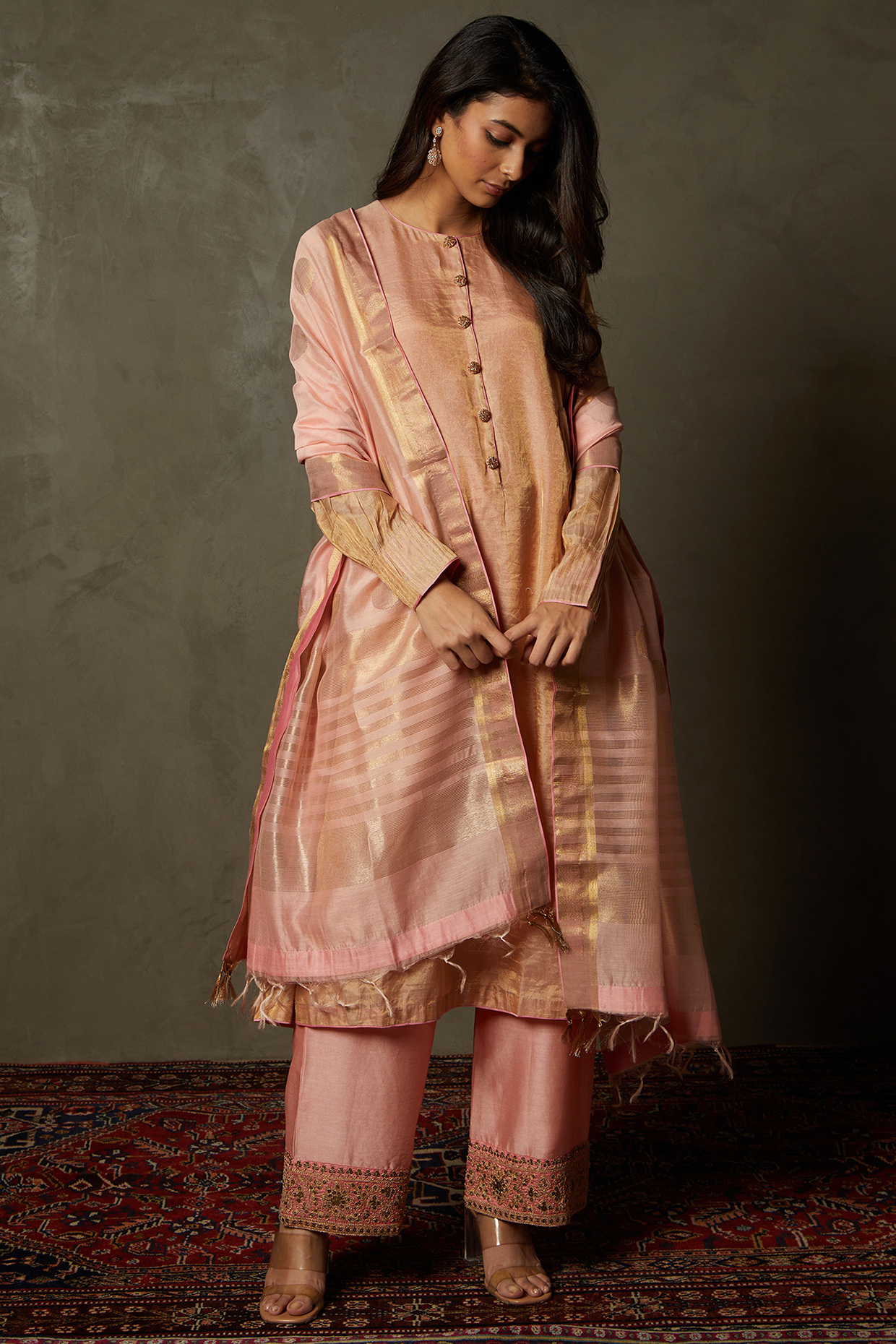 Antique Peach Banarasi Woven Silk Hand Embroidered Kurta Set by Ri Ritu Kumar at Pernia's Pop Up Shop