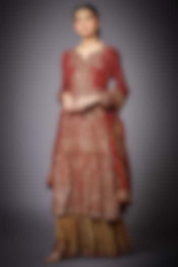 Red Silk Chinon Hand Embroidered Kurta Set by Ri Ritu Kumar at Pernia's Pop Up Shop
