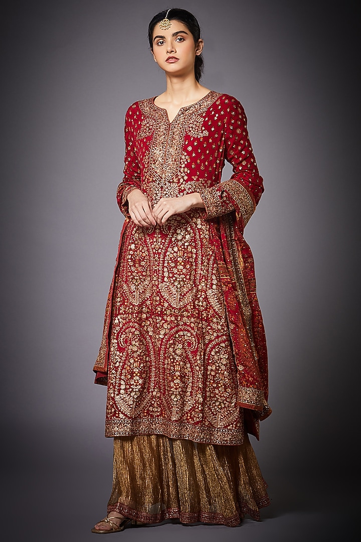 Red Silk Chinon Hand Embroidered Kurta Set by Ri Ritu Kumar at Pernia's Pop Up Shop