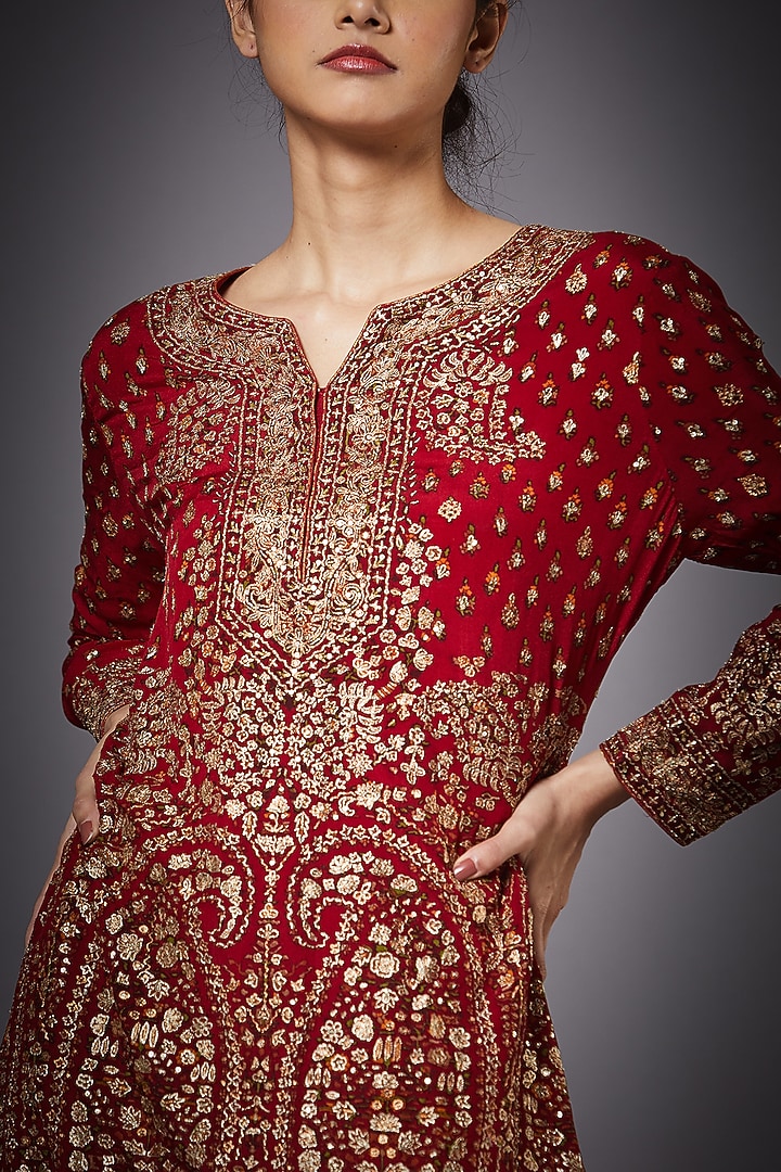 Red Silk Chinon Hand Embroidered Kurta Set by Ri Ritu Kumar at Pernia's Pop Up Shop