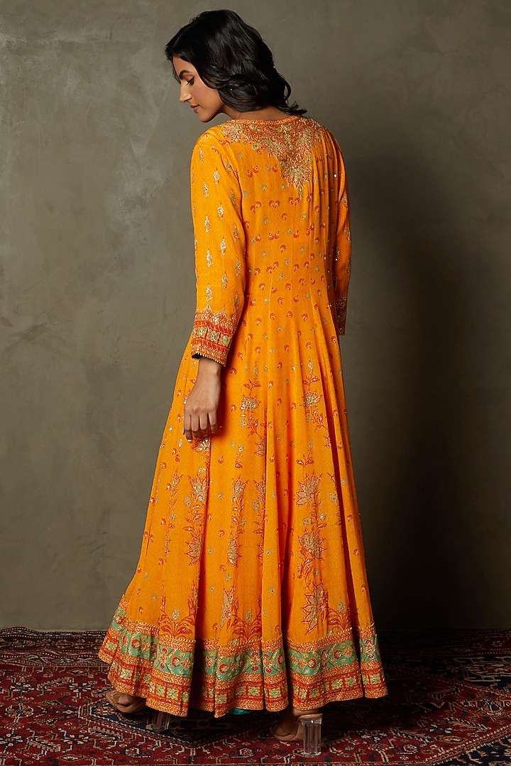 Mango Yellow Rayon Crepe Hand Embroidered Kurta Set by Ri Ritu Kumar at Pernia's Pop Up Shop