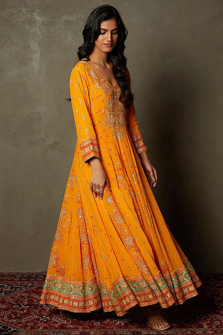 Mango Yellow Rayon Crepe Hand Embroidered Kurta Set by Ri Ritu Kumar at Pernia's Pop Up Shop