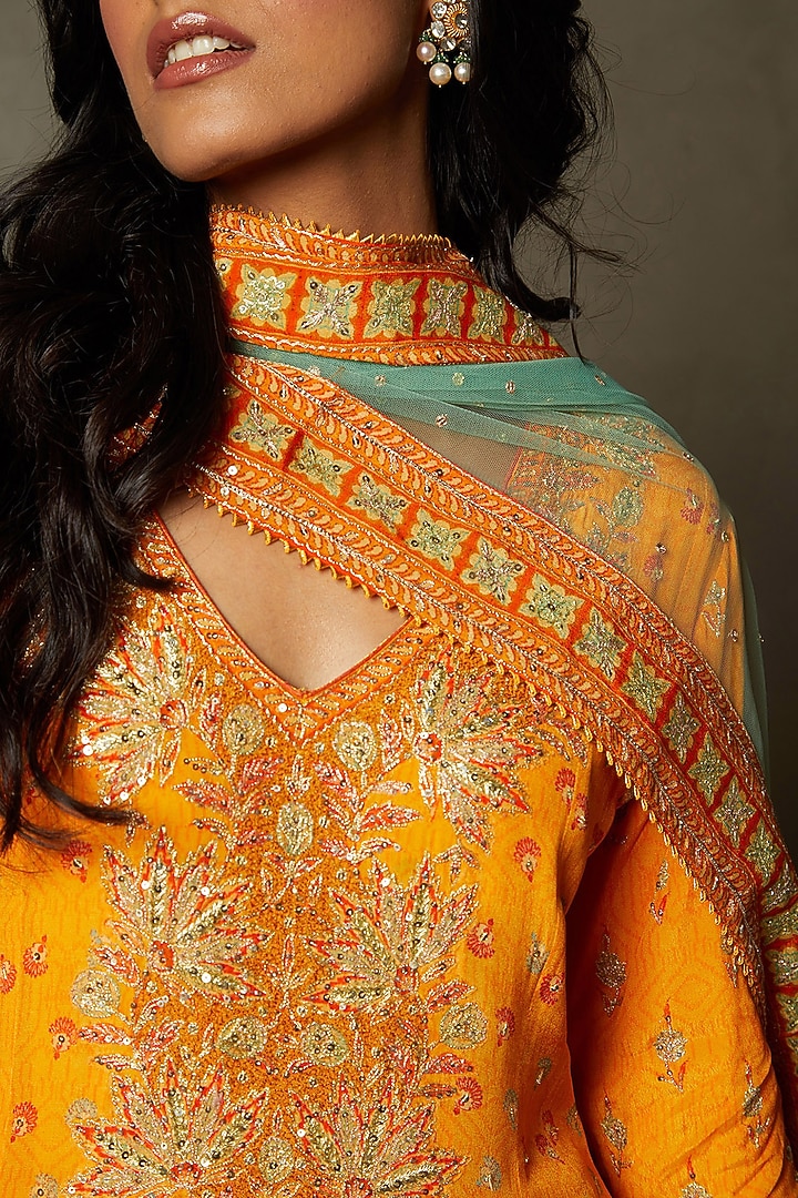Mango Yellow Rayon Crepe Hand Embroidered Kurta Set by Ri Ritu Kumar at Pernia's Pop Up Shop
