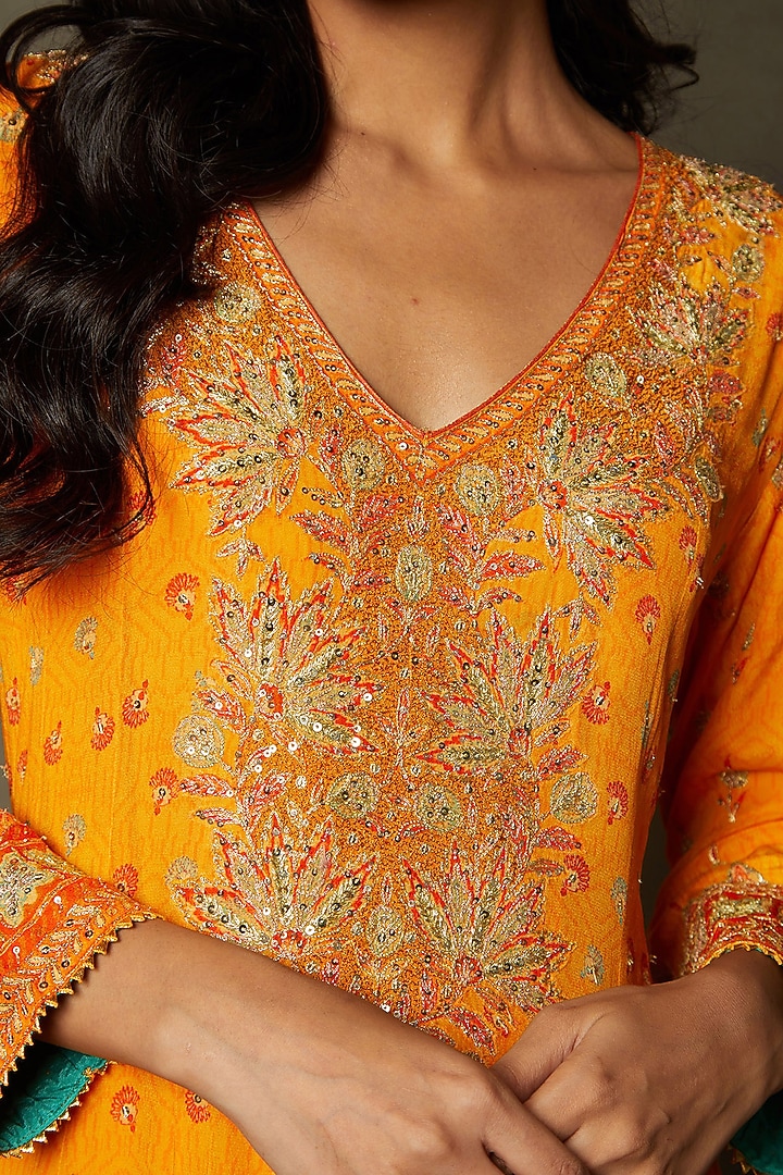 Mango Yellow Rayon Crepe Hand Embroidered Kurta Set by Ri Ritu Kumar at Pernia's Pop Up Shop