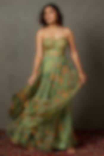 Sap Green Silk Organza Printed & Embroidered Party Wear Dress by Ri Ritu Kumar at Pernia's Pop Up Shop