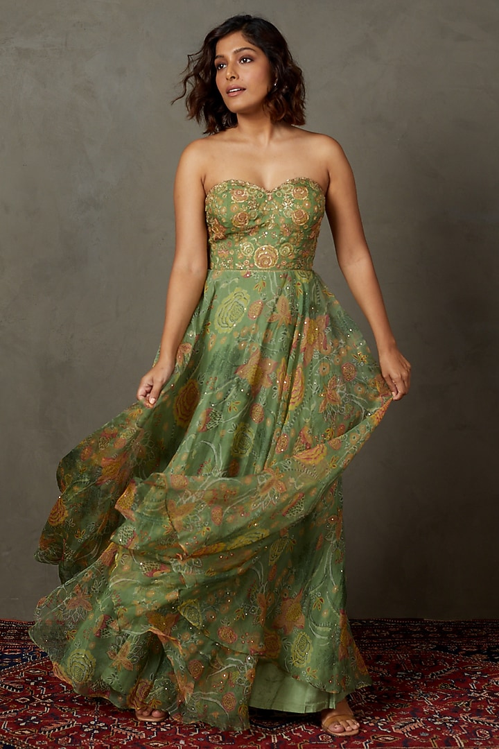Sap Green Silk Organza Printed & Embroidered Party Wear Dress by Ri Ritu Kumar at Pernia's Pop Up Shop
