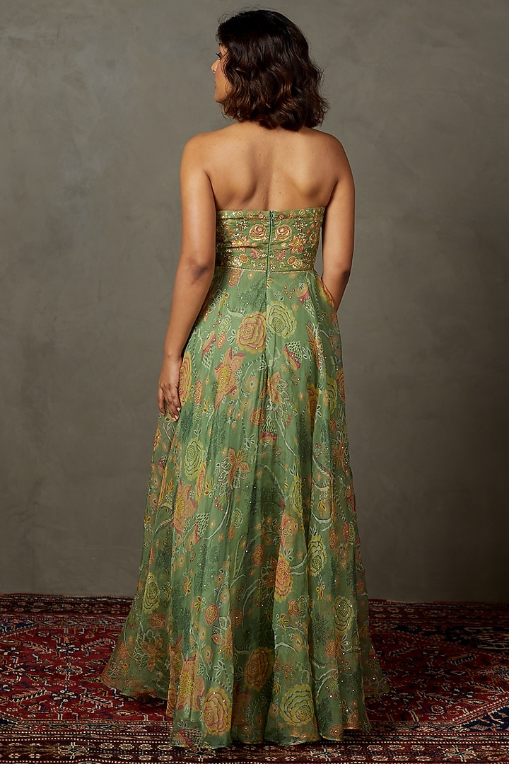 Sap Green Silk Organza Printed & Embroidered Party Wear Dress by Ri Ritu Kumar at Pernia's Pop Up Shop