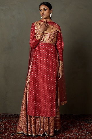 Cranberry Pink Silk Flat Dupion Gharara Set by Ri Ritu Kumar
