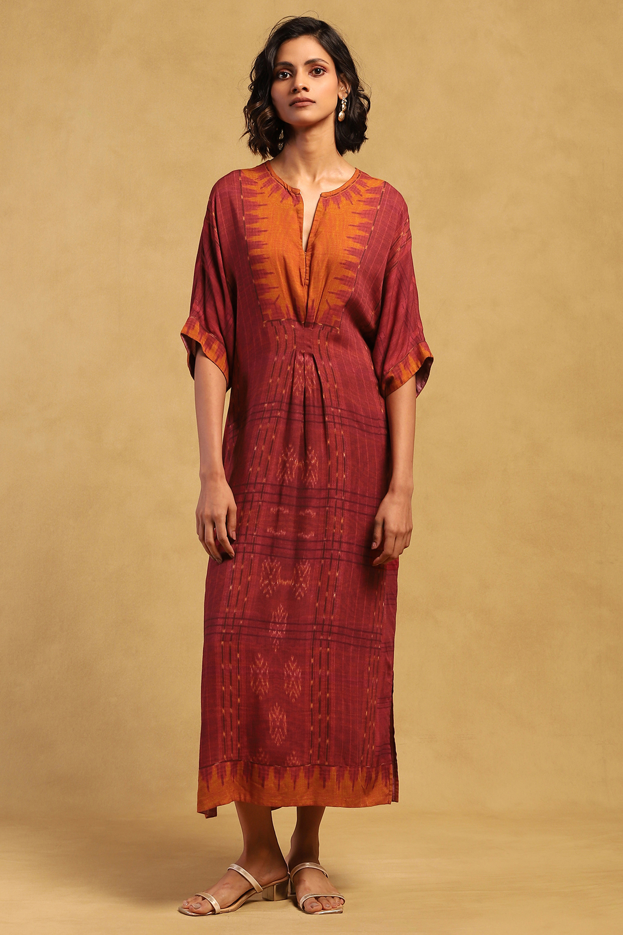 Red Rayon Slub Digital Printed Kaftan Summer Dress by Ritu Kumar at Pernia's Pop Up Shop