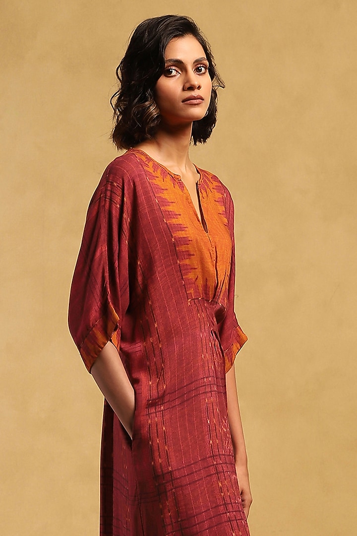 Red Rayon Slub Digital Printed Kaftan Summer Dress by Ritu Kumar at Pernia's Pop Up Shop