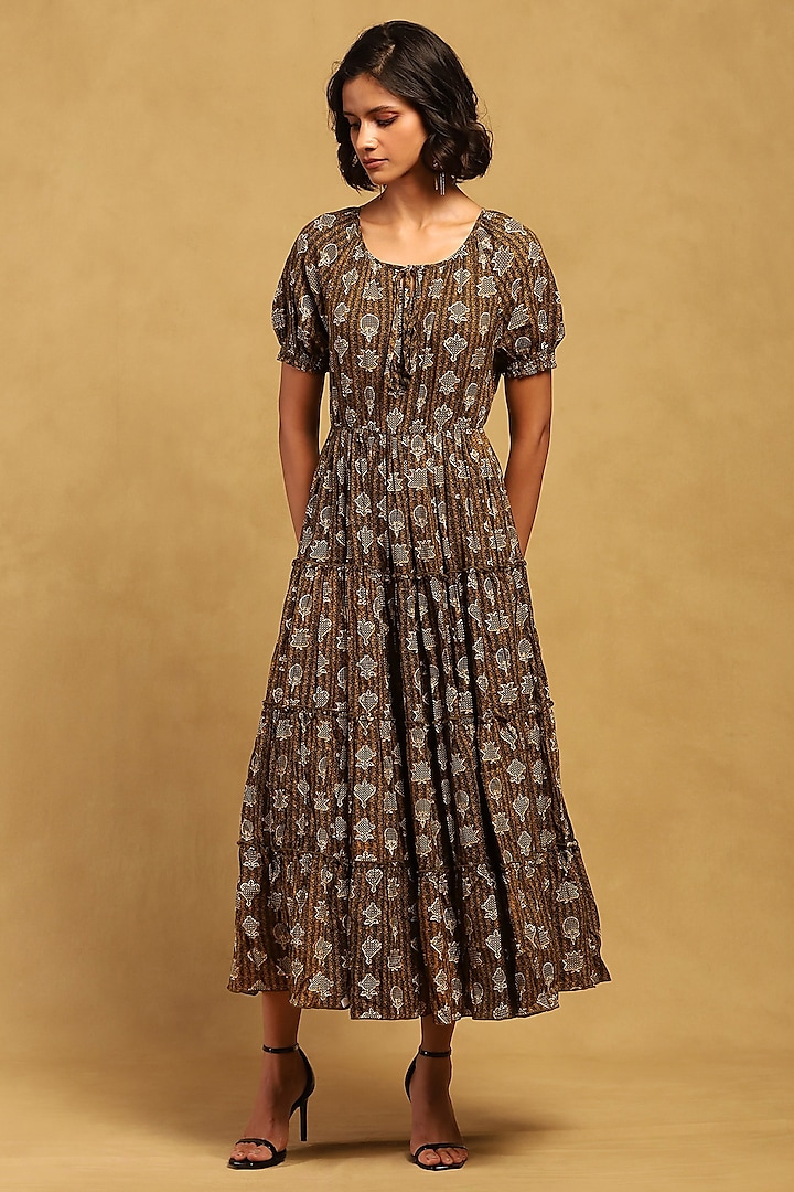 Green Rayon Slub Screen Printed Maxi Summer Dress by Ritu Kumar at Pernia's Pop Up Shop