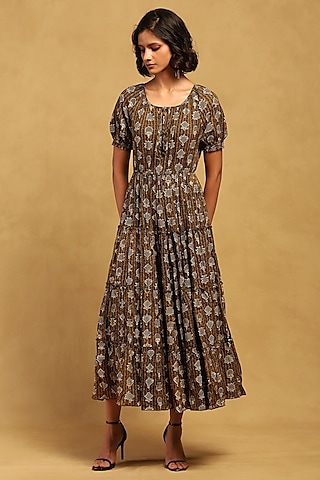 Green Rayon Slub Screen Printed Maxi Dress by Ritu Kumar