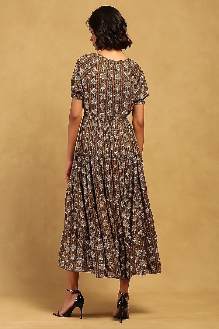 Green Rayon Slub Screen Printed Maxi Summer Dress by Ritu Kumar at Pernia's Pop Up Shop