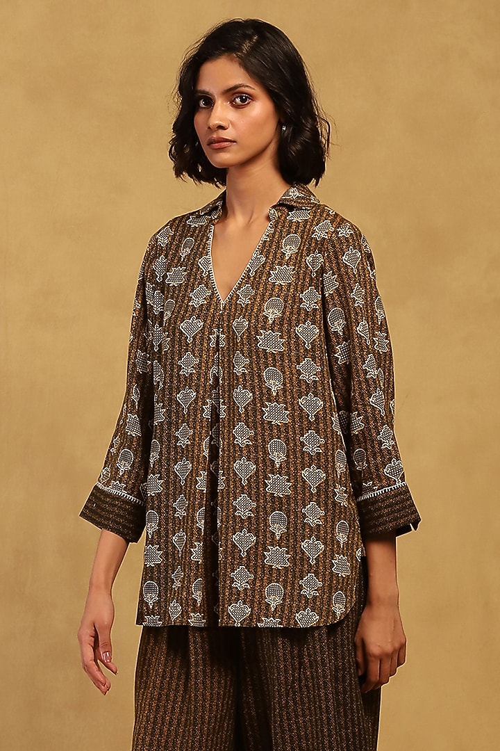 Green Rayon Slub Screen Printed Shirt by Ritu Kumar at Pernia's Pop Up Shop