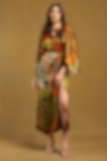 Brown Satin Screen Printed Maxi Summer Dress by Ritu Kumar at Pernia's Pop Up Shop