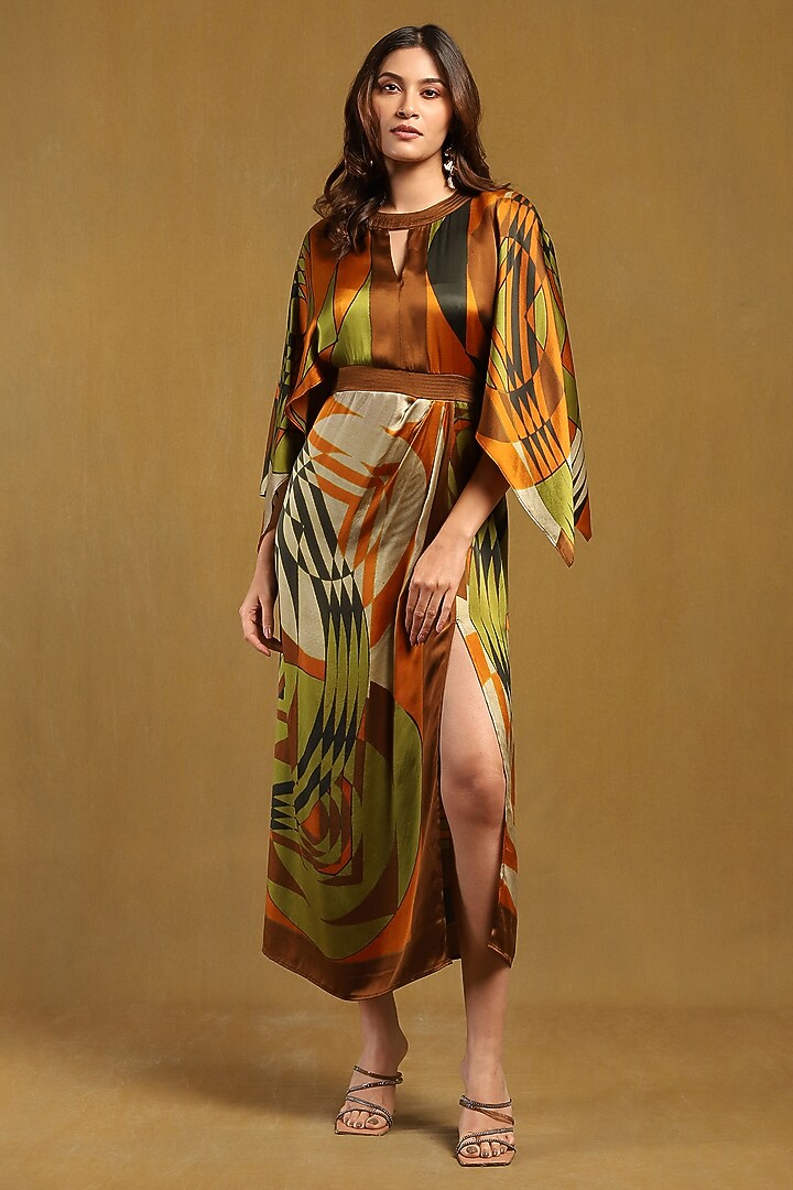 Brown Satin Screen Printed Maxi Summer Dress by Ritu Kumar at Pernia's Pop Up Shop
