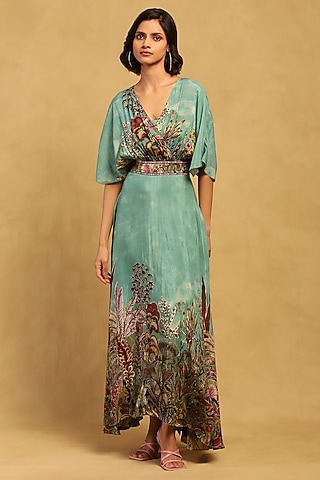 Green Viscose Silk Digital Printed Maxi Dress by Ritu Kumar