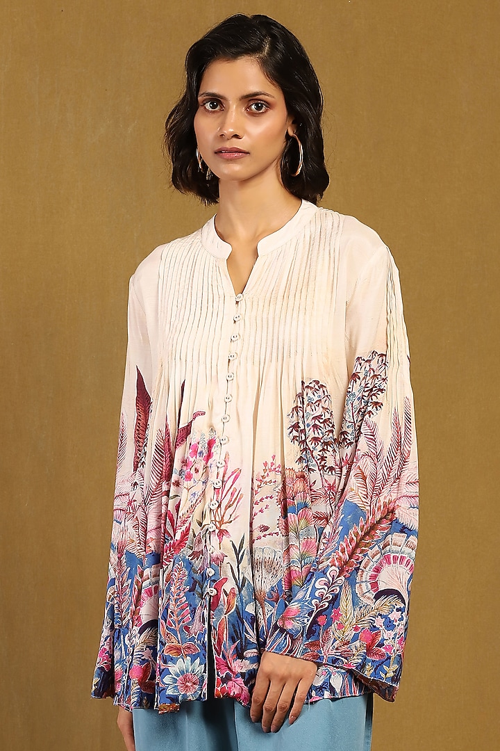 Off-White Viscose Silk Digital Printed Top by Ritu Kumar at Pernia's Pop Up Shop