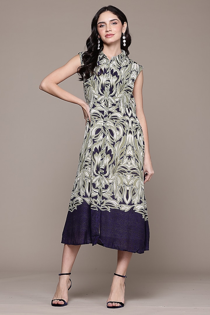 Indigo Blue Viscose Crepe Aztec Printed Midi Dress by Ritu Kumar at Pernia's Pop Up Shop