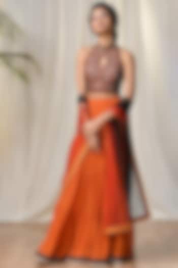 Rust Orange & Black Embroidered Wedding Lehenga Set by Ri Ritu Kumar at Pernia's Pop Up Shop