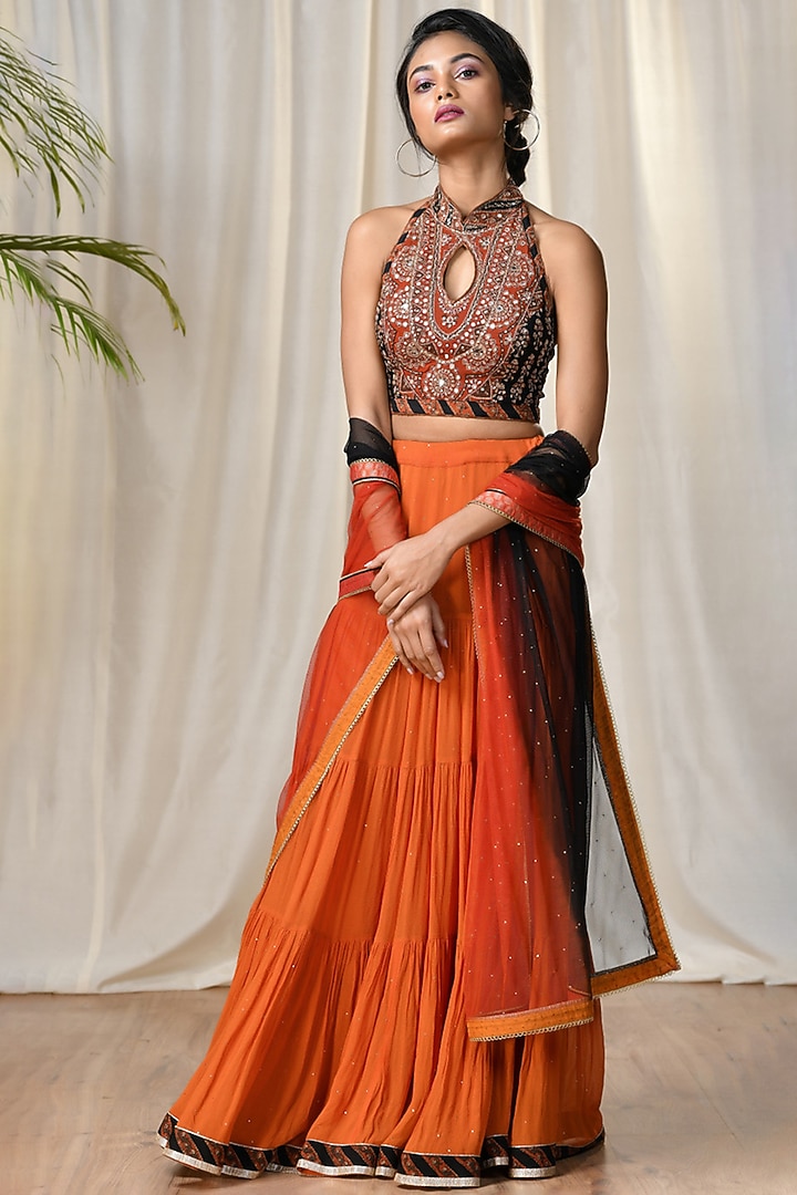 Rust Orange & Black Embroidered Wedding Lehenga Set by Ri Ritu Kumar at Pernia's Pop Up Shop