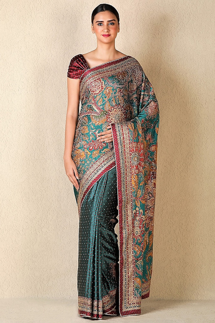Emerald Green & Burgundy Embroidered Bridal Saree Set by Ri Ritu Kumar at Pernia's Pop Up Shop