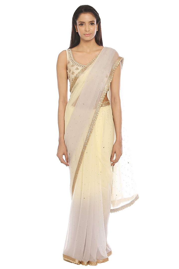 Off White & Grey Embroidered Party Wear Saree Set by Ri Ritu Kumar at Pernia's Pop Up Shop