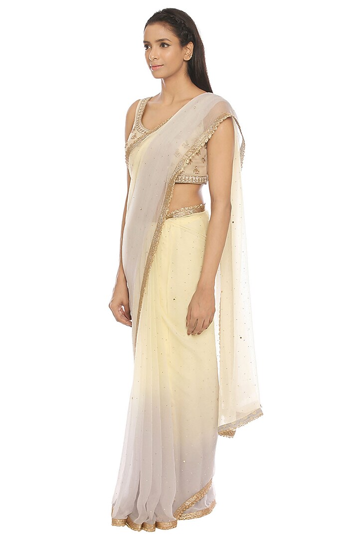 Off White & Grey Embroidered Party Wear Saree Set by Ri Ritu Kumar at Pernia's Pop Up Shop
