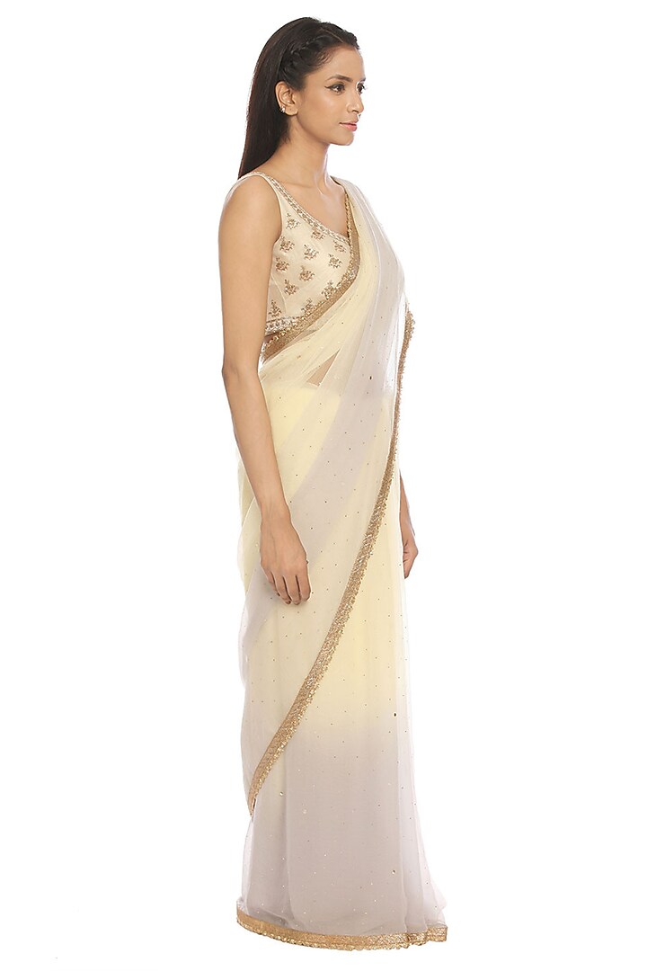 Off White & Grey Embroidered Party Wear Saree Set by Ri Ritu Kumar at Pernia's Pop Up Shop
