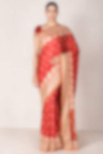 Red & Saffron Gajji Silk Zardosi Embroidered Saree Set by Ri Ritu Kumar
