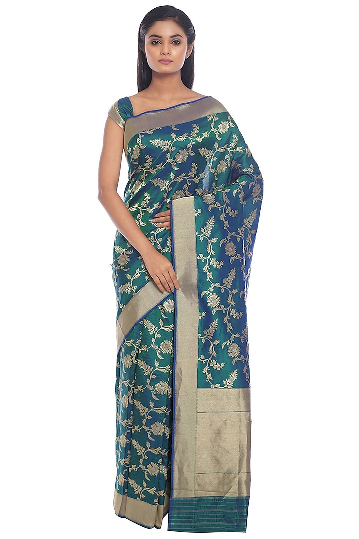 Green & Blue Embroidered Saree Set by Ri Ritu Kumar